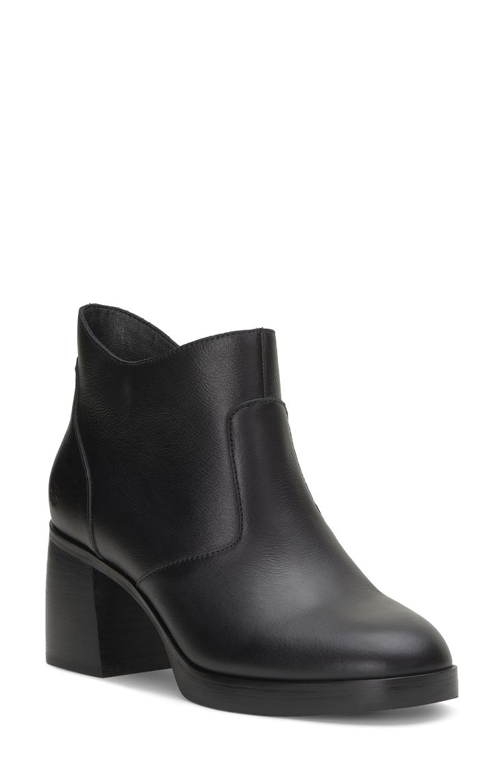 A curved topline and lightly burnished leather lend modern elements to a versatile bootie balanced by a plain toe and stacked block heel. 2 3/4" heel; 1/2" platform 3 3/4" shaft Leather upper/synthetic lining/rubber sole Imported Block Heel Boots With Heel Pull Tab, Block Heel Boots With Heel Pull Tab, Medium Width, Heeled Boots With Heel Pull Tab And Block Heel, Casual Platform Boots With Stacked Heel For Work, Modern Round Toe Boots With Stacked Heel, Casual Leather Boots With Sculpted Heel, Classic Ankle-high Heeled Boots With Stacked Heel, Formal Platform Boots With Stacked Block Heel, Ankle-high Heeled Boots With Stacked Heel For Work