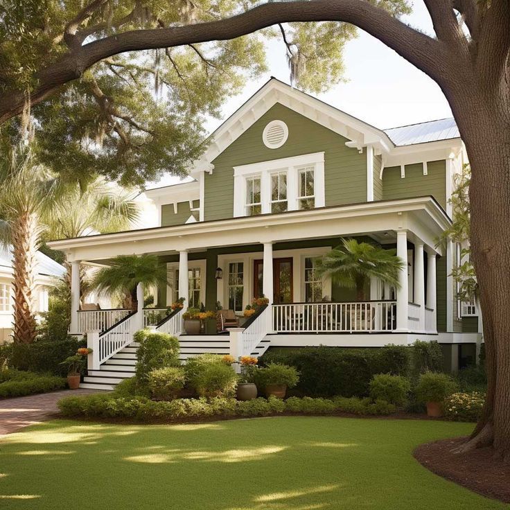 a green house with white trim and porches