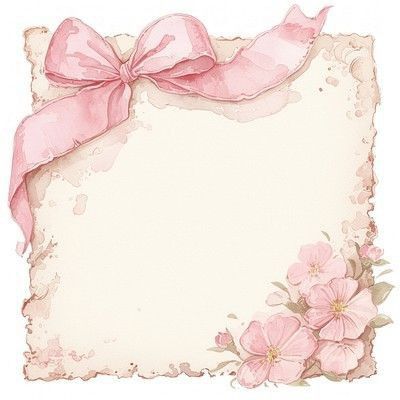 an old paper with pink flowers and a bow on it's corner, as well as a blank space for the text