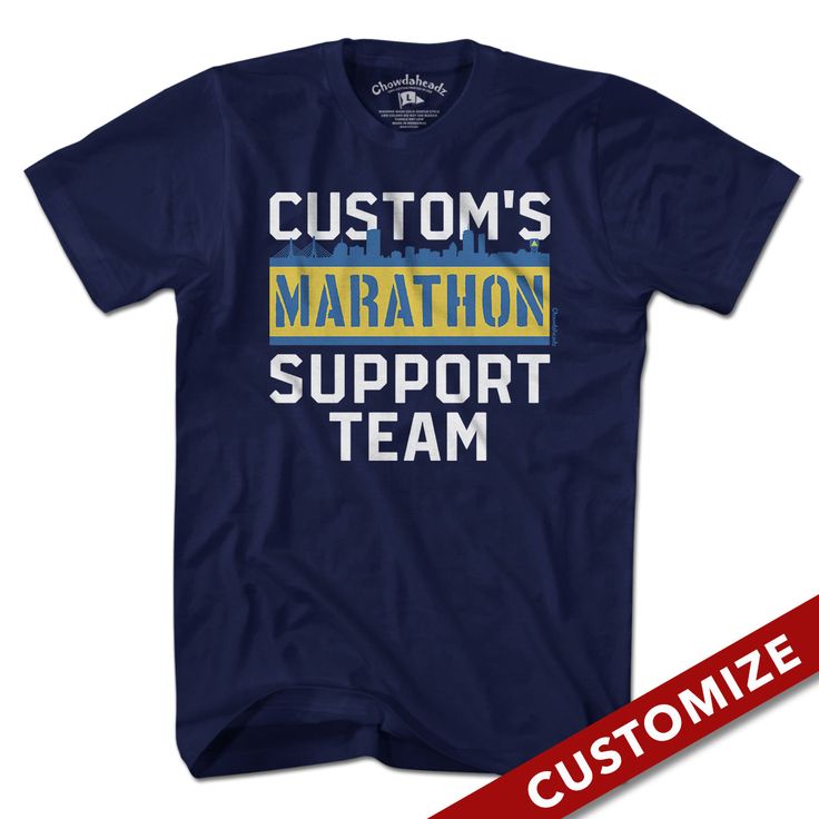 Custom Name's Marathon Support Team T-Shirt - Chowdaheadz Blue Fan Apparel T-shirt For Team Events, Blue Pre-shrunk T-shirt For Team Events, Customizable Short Sleeve Tops For Team Events, Athletic Fit T-shirt With Letter Print For Sports Events, Blue Sporty T-shirt With Custom Print, Sporty Blue T-shirt With Custom Print, Customizable Blue Team Spirit T-shirt, Customizable Team Spirit Tops For Team Events, Customizable Blue T-shirt With Team Spirit Style