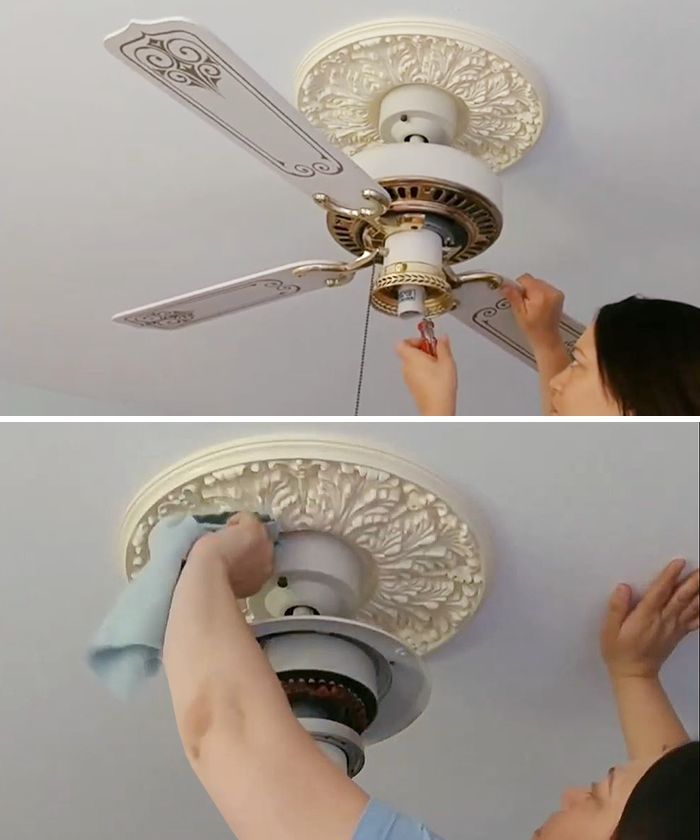 two photos of a woman removing the light from a ceiling fan and cleaning it with a rag