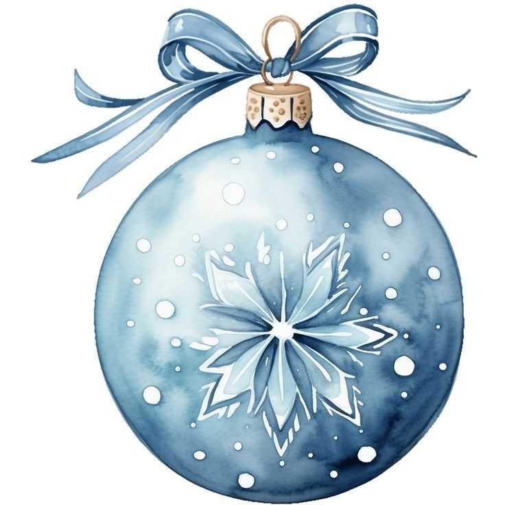 a watercolor christmas ornament with a blue bow and snowflakes on it