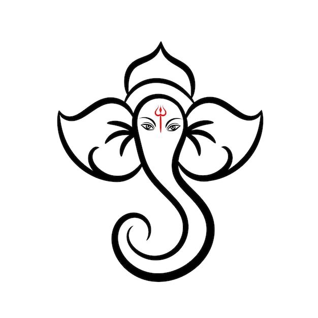 the head of an elephant is drawn in black on a white background, it appears to be ganesh