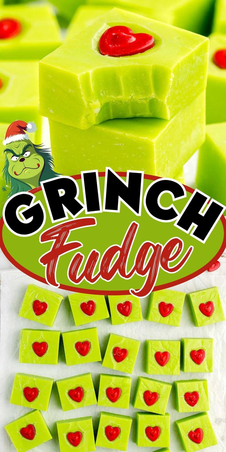 green fudge candy with the words grin face on it and hearts cut out to look like