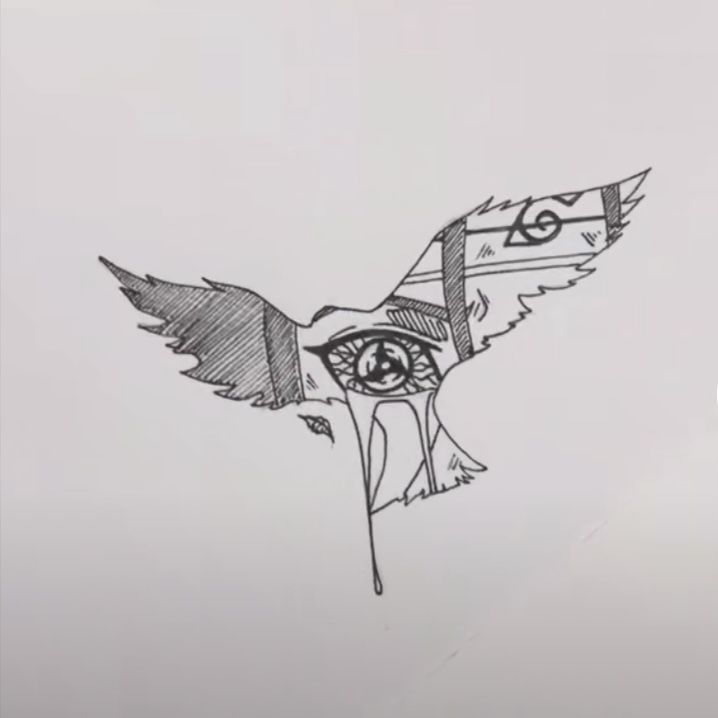 a drawing of a bird flying in the sky with an eye on it's wing