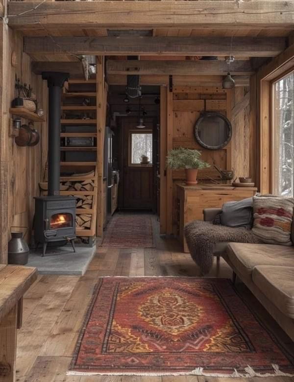 a living room filled with furniture and a fire place in the middle of a house