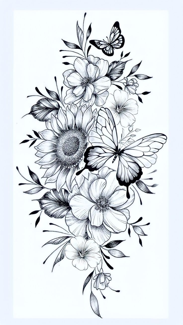 a black and white drawing of flowers with butterflies