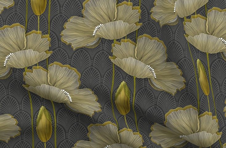 an image of flowers that are on a wallpaper pattern in grey and gold colors