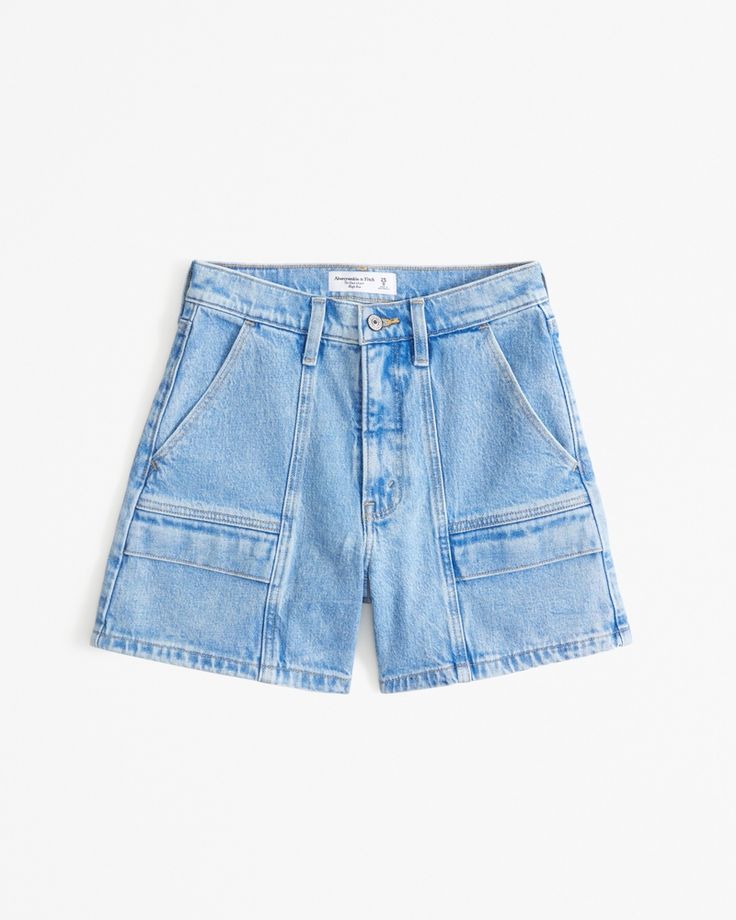 High rise with a relaxed fit throughout the hip and thigh, and a 5 inch (13 cm) inseam. Vintage stretch denim in a medium wash, with utility-style cargo pockets and on-trend baby hem. Abercrombie Dad Shorts, Mid-rise Utility Jean Shorts In Cotton, Striped High-waisted Cotton Shorts, High-waist Washed Blue Shorts With Pockets, Utility Denim Shorts, Short Length, Dad Shorts, Baby Trend, Abercrombie Fitch, High Rise