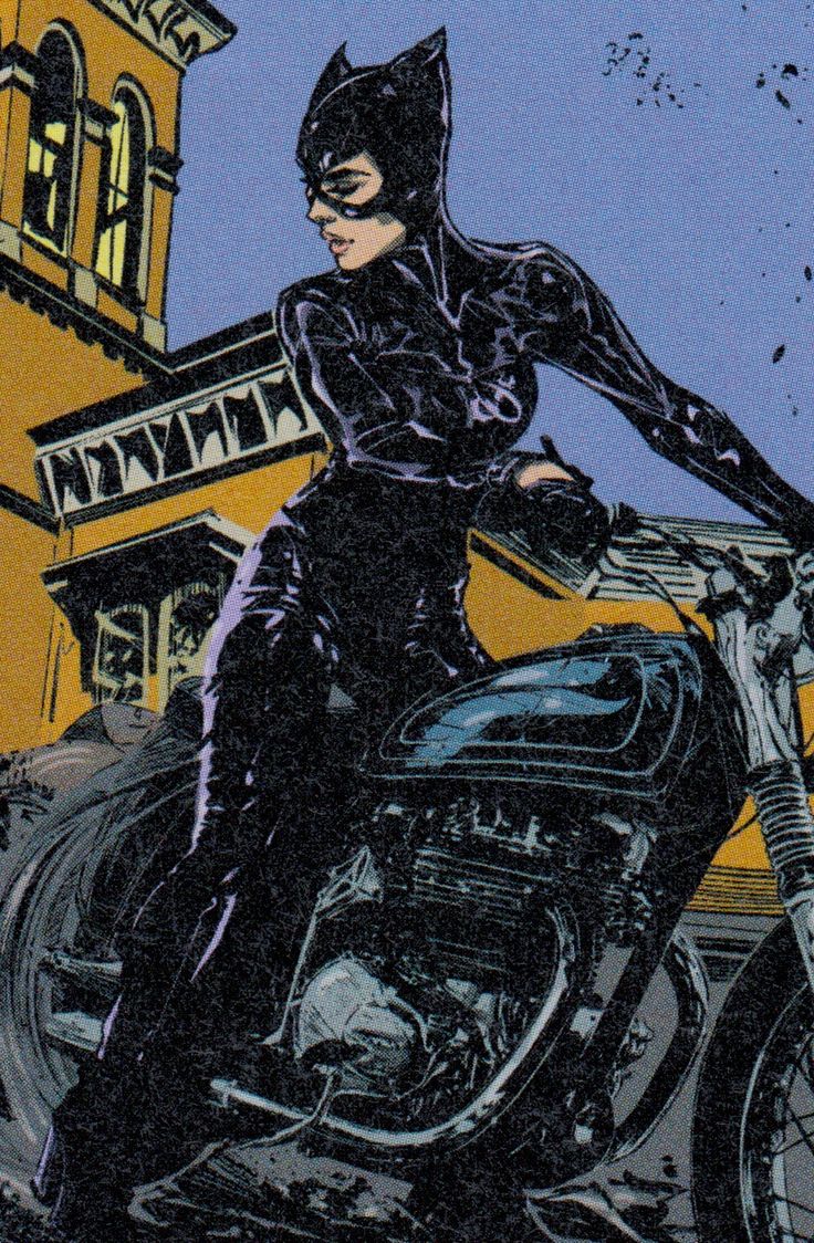 a drawing of a catwoman on a motorcycle in front of a building with a clock tower