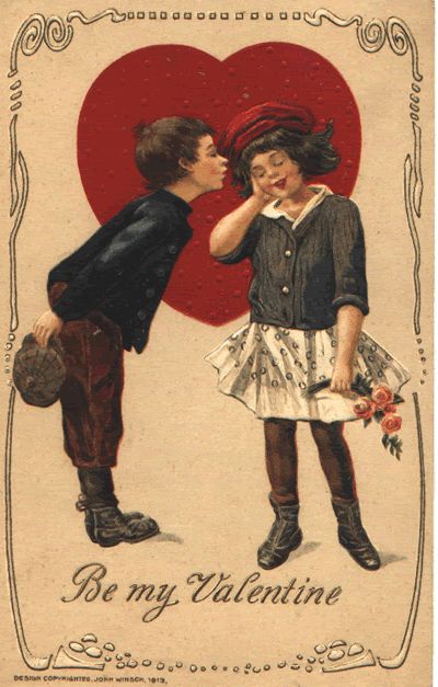 an old valentine card with two children kissing