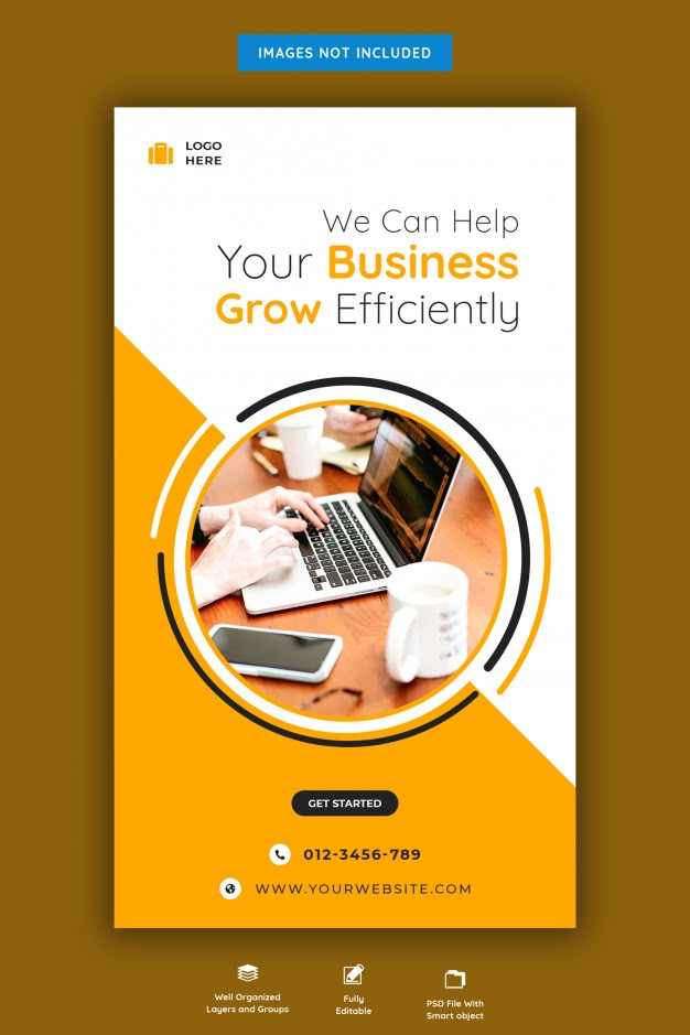 a yellow and white flyer with a laptop on the desk in front of it, which reads we can help your business grow efficiently