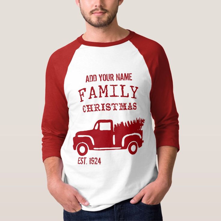 Vintage red farm truck custom family Christmas tradition T-shirt. Add any family's last name to personalize for a special holiday occasion.

Start a new Christmas tradition for your family by adding your name and date.

Buy one for the entire family for a surprise Christmas ! Vintage Christmas t-shirts makes a great group family photo during the holiday season. Vintage Red Truck, Christmas Tee Shirts, Christmas Traditions Family, Christmas Names, Farm Trucks, Name Christmas, Family Christmas Shirts, Vintage Truck, Red Truck