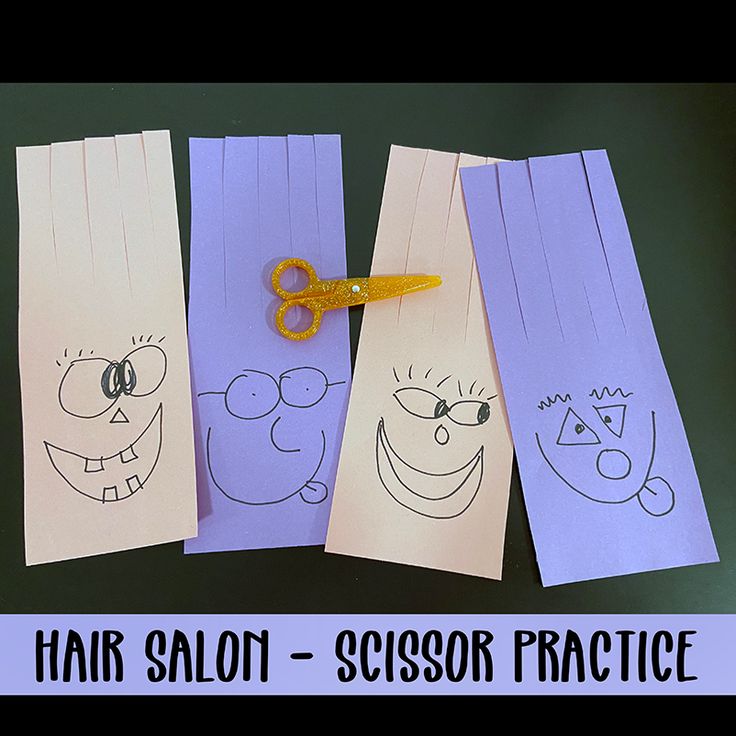 four paper bags with scissors on them that have faces drawn on them and the words hair salon - scissors practice