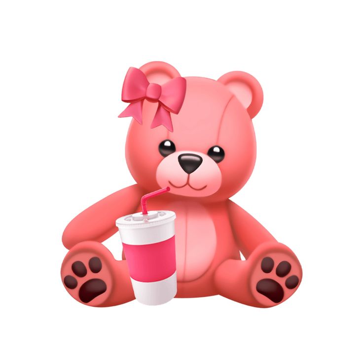 a pink teddy bear sitting with a drink in it's mouth and wearing a bow