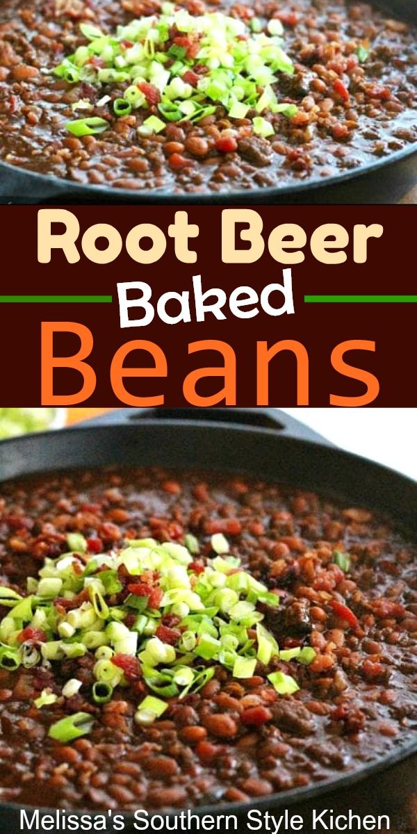 two photos of baked beans in a skillet with text overlay that reads root beer baked beans