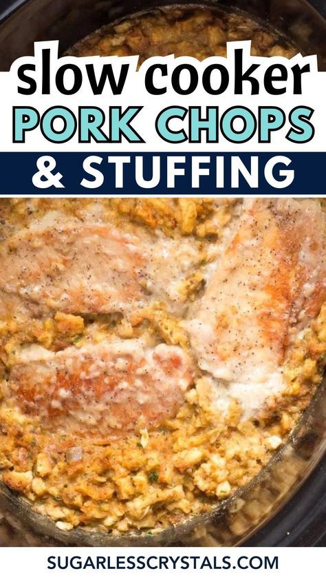 slow cooker pork chops and stuffing in the crock pot with text overlay