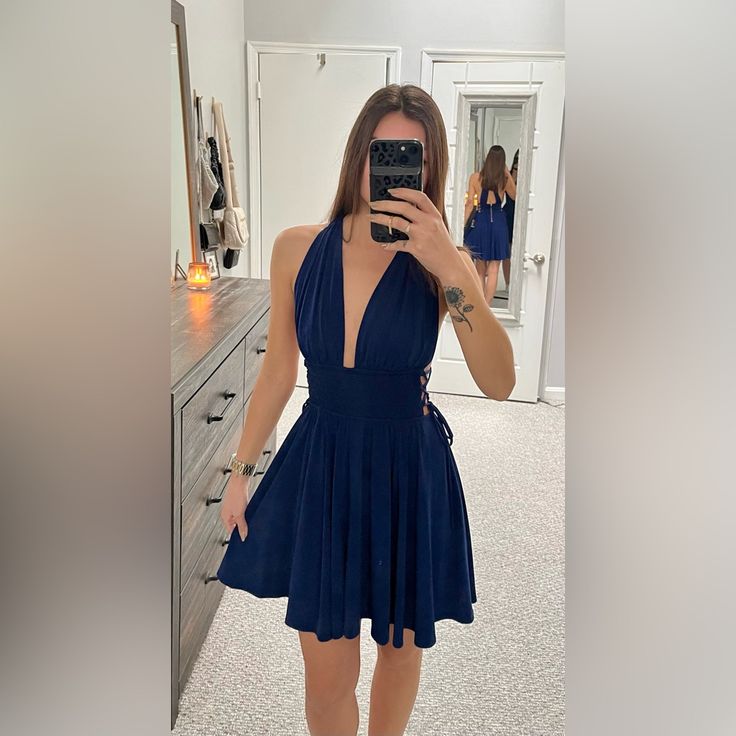 Same Or Next Day Shipping Guaranteed! Blue Backless Mini Dress For Night Out, Blue Mini Backless Dress For Night Out, Blue Mini-length Backless Dress For Spring, Blue Mini Length Backless Dress For Spring, Blue Backless Mini Dress For Spring, Chic Blue Backless Spring Dress, Blue Backless Mini Dress For Cocktail, Spring Blue Backless Mini Dress, Blue Backless Cocktail Mini Dress