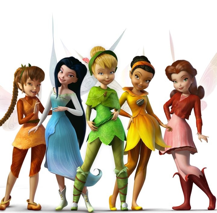 four cartoon tinkerbells standing next to each other