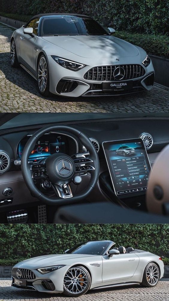 the inside and outside view of a silver sports car with its dashboard, steering wheel and dash board