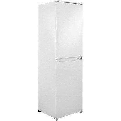 a tall white refrigerator freezer sitting on top of a metal rack with two doors