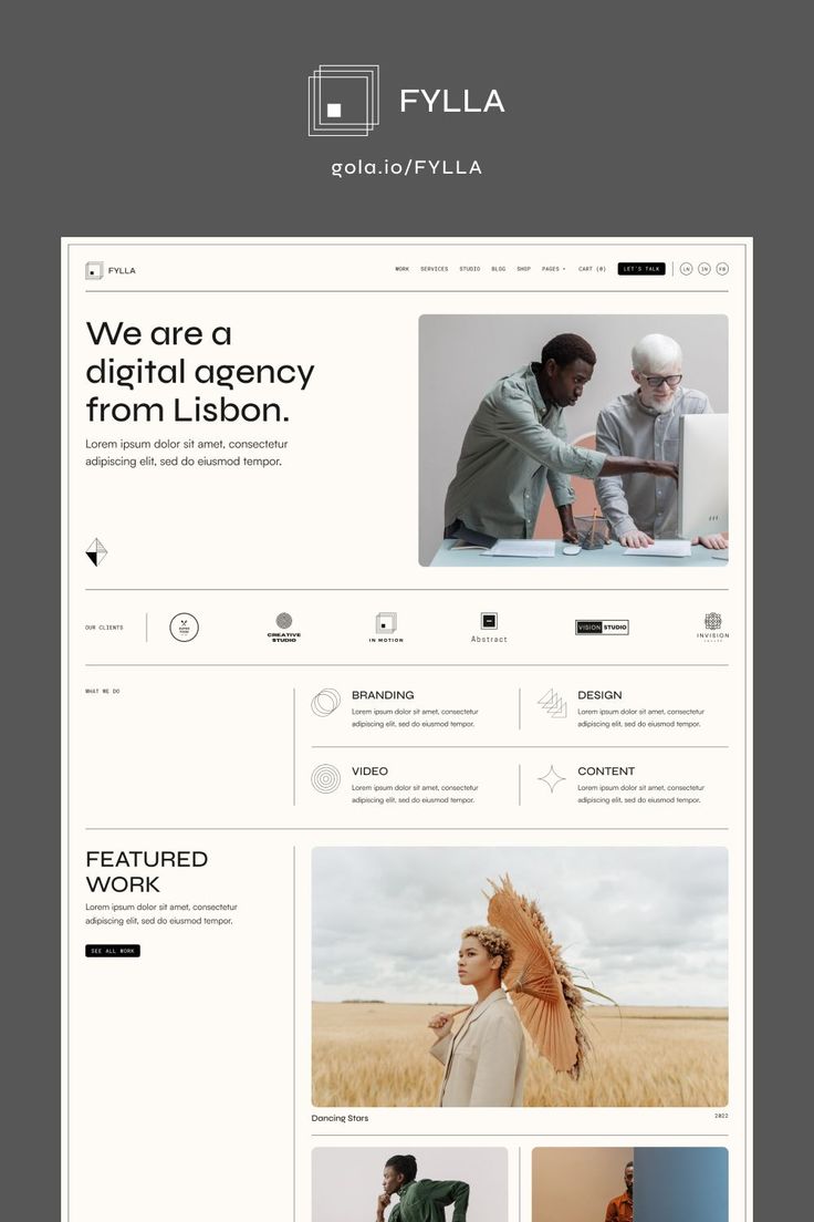 the website design for fyla is shown in white and grey colors, with an image of two people working on a laptop