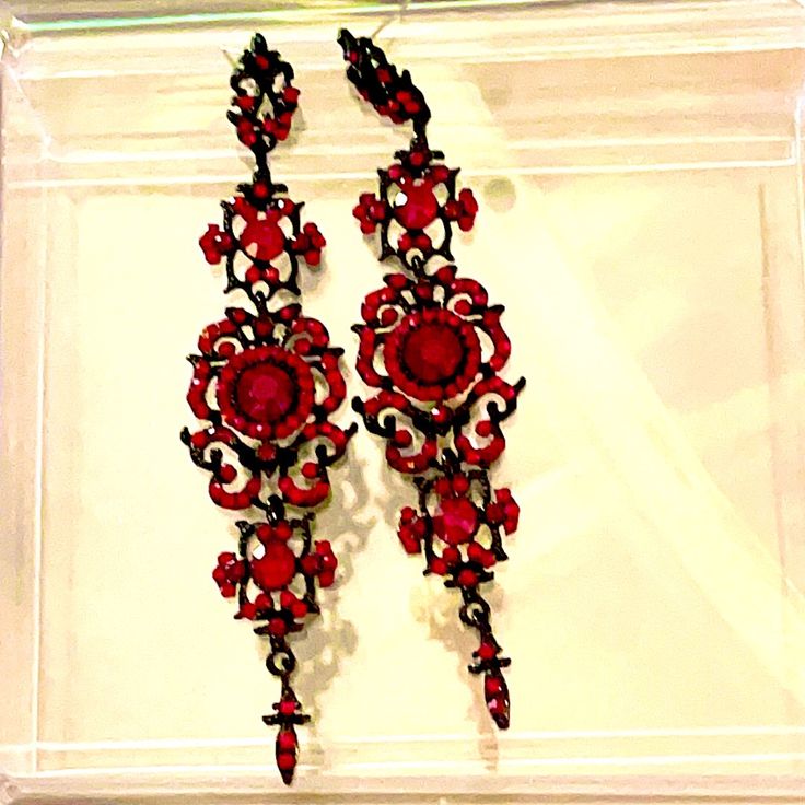 Gothic Revival Red Crystal Black Setting Sparkling Rose Red Red Earrings For Valentine's Evening, Red Valentine's Day Earrings For Evening, Black And Red Earrings, Gold Earring Cuff, Gold Feather Earrings, Sparkling Rose, Goth Accessories, Dazzling Earrings, Gold Heart Earring