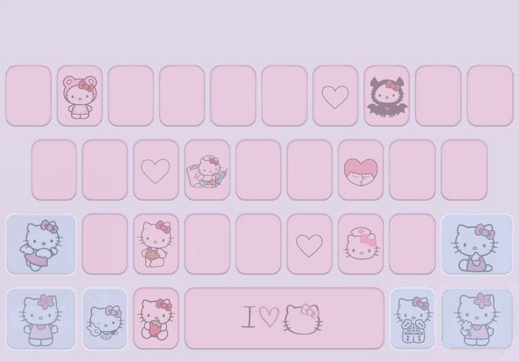 the hello kitty keyboard is pink and has hearts, cats, and animals on it