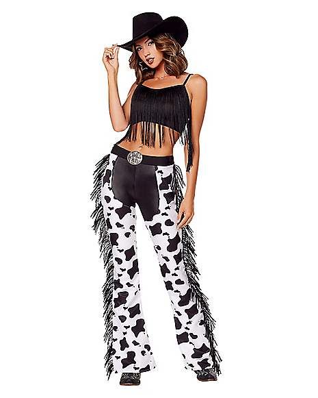 Adult Cow Print Chaps - Spirithalloween.com Cowprint Cowgirl Costume, Cowgirl Costume Cow Print, Leather Chaps Women, Scary Cowgirl Costume, Plus Size Cowgirl Costume, Cowgirl Halloween Costumes For Women, Disco Cowgirl Costume, Black Cowgirl Outfits For Women, Hot Cowgirl Costume