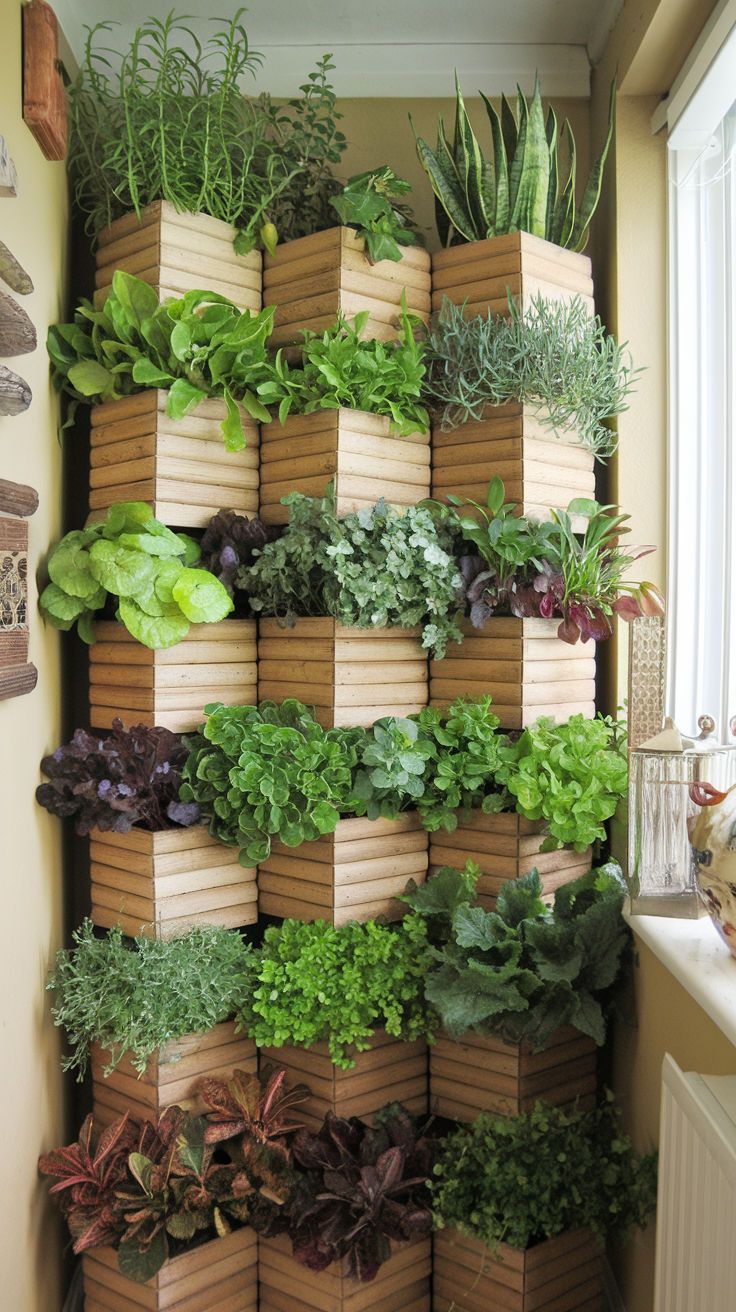 a vertical herb garden is shown in the corner of a room with many plants growing on it