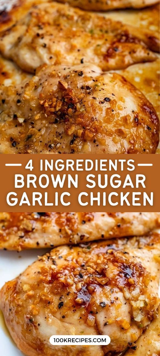 four ingredients for brown sugar garlic chicken on a white platter with text overlay