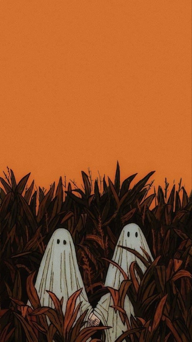 two white ghost like figures peeking out from the ground in front of some plants and an orange sky