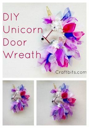 the unicorn door wreath is made with plastic flowers and ribbons, which are attached to a wall