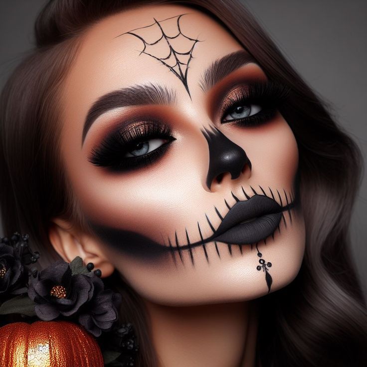 Pretty Sugar Skull Makeup, Halloween Face Paint Women, Sugar Skull Makeup Half Face, Skull Glam Makeup, Sugar Skull Makeup Pretty, Katrina Makeup, Eye Halloween Makeup, Glam Skull Makeup, Sugar Skull Makeup Easy