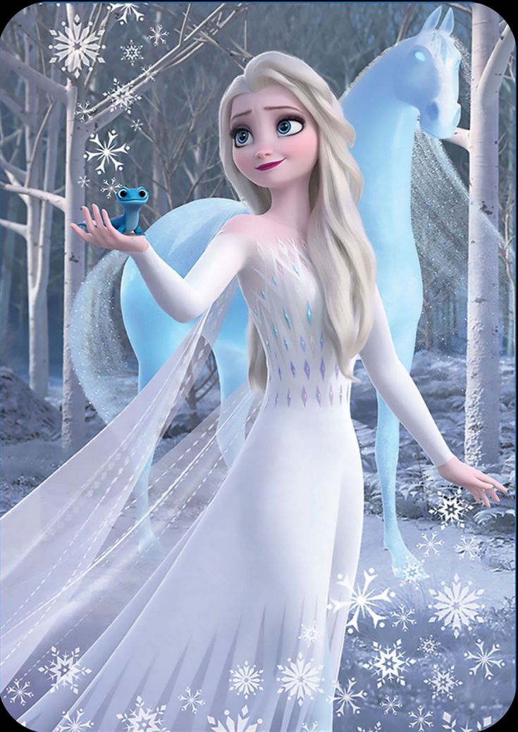 a frozen princess holding a blue bird in her hand