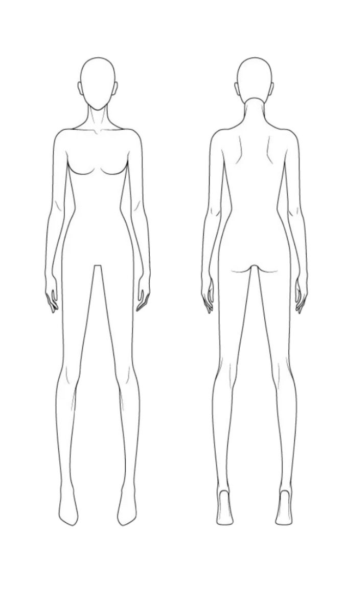 the front and back view of a female mannequin's body, with no head