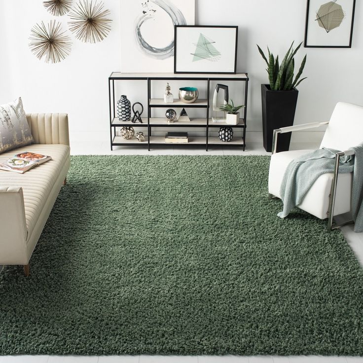 a living room filled with furniture and green carpeted area rugs on the floor