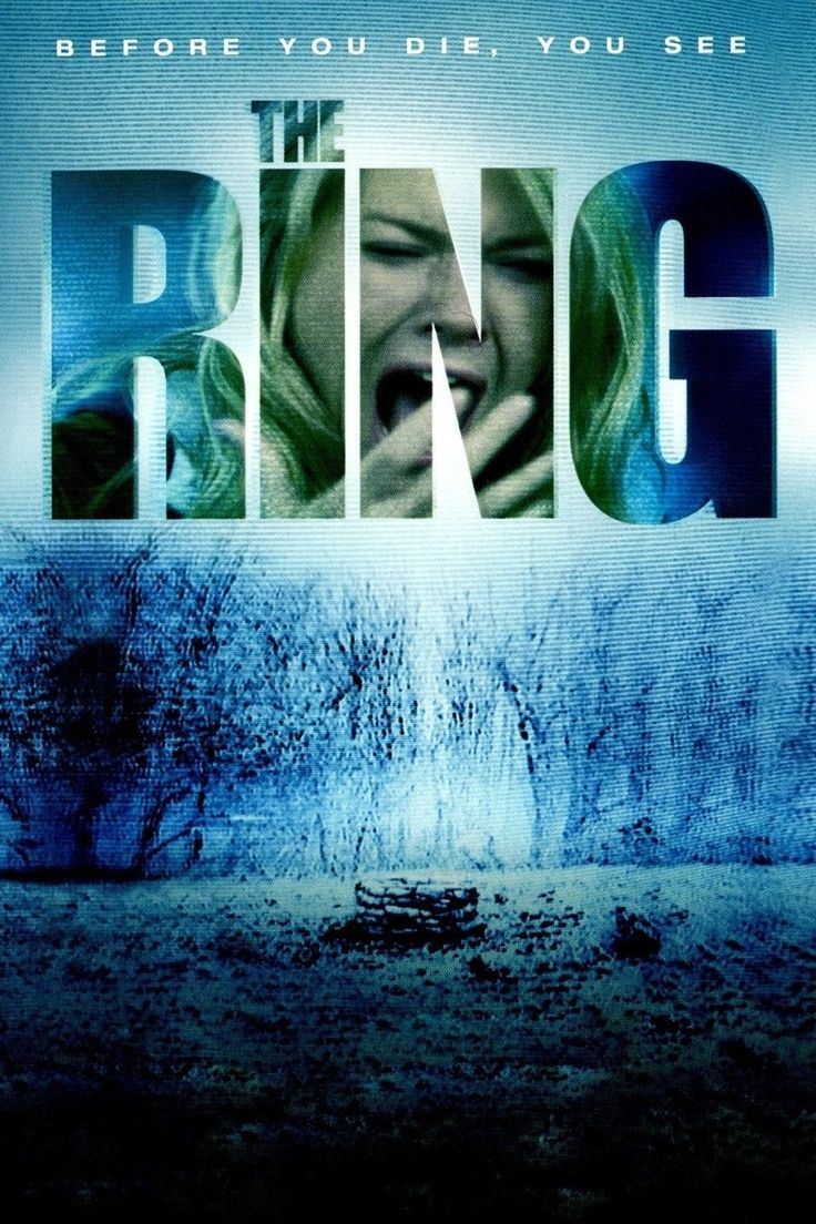 the ring movie poster with an image of a woman screaming in front of a blue background