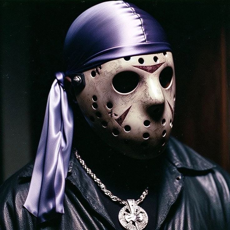 a person wearing a mask with a bandana on their head and a necklace around his neck