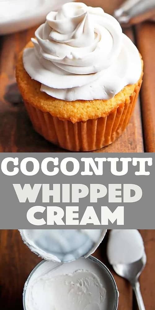 a cupcake with whipped cream on top and the words coconut nut whipped cream above it