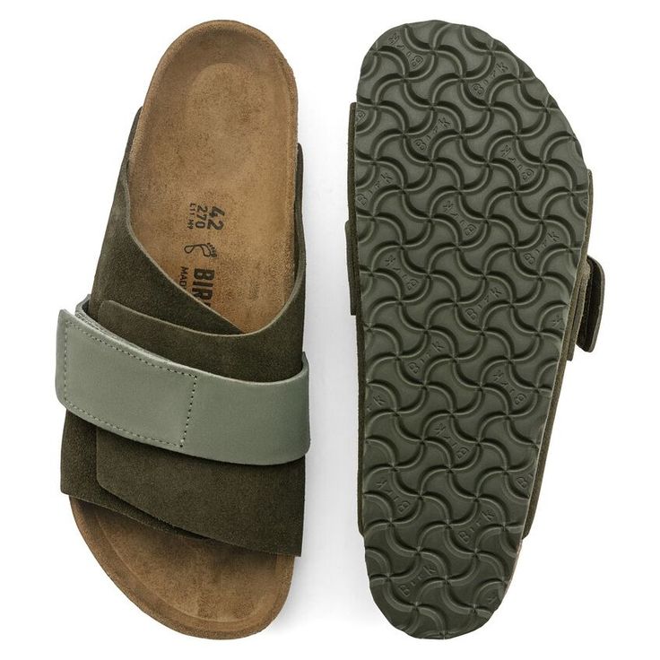 Kyoto Nubuck Leather/Suede Casual Slip-on Footbed Sandals With Suede Lining, Leather Footbed Sandals With Arch Support, Leather Slip-on Footbed Sandals With Arch Support, Suede Slides With Round Toe And Suede Lining, Comfortable Suede Sandals With Buckle Closure, Comfortable Suede Slip-on Slides, Adjustable Leather Slip-on Slides, Brown Leather Footbed Sandals With Suede Lining, Suede Slip-on Slides With Suede Lining