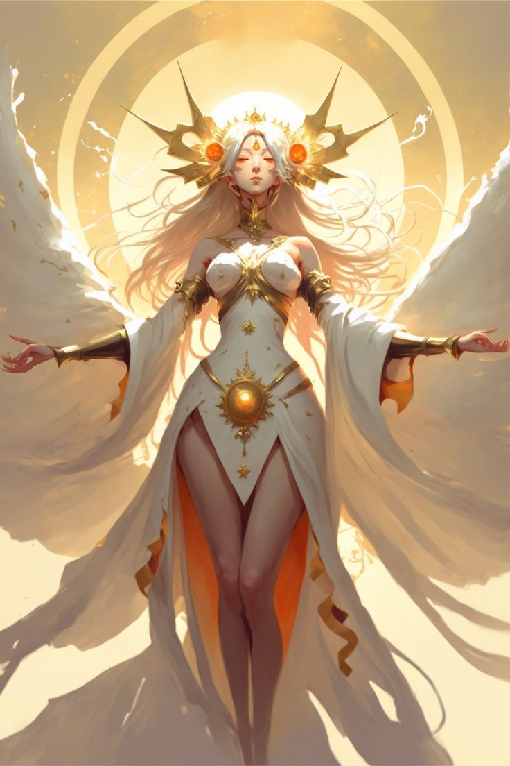 a woman with angel wings standing in front of a sun