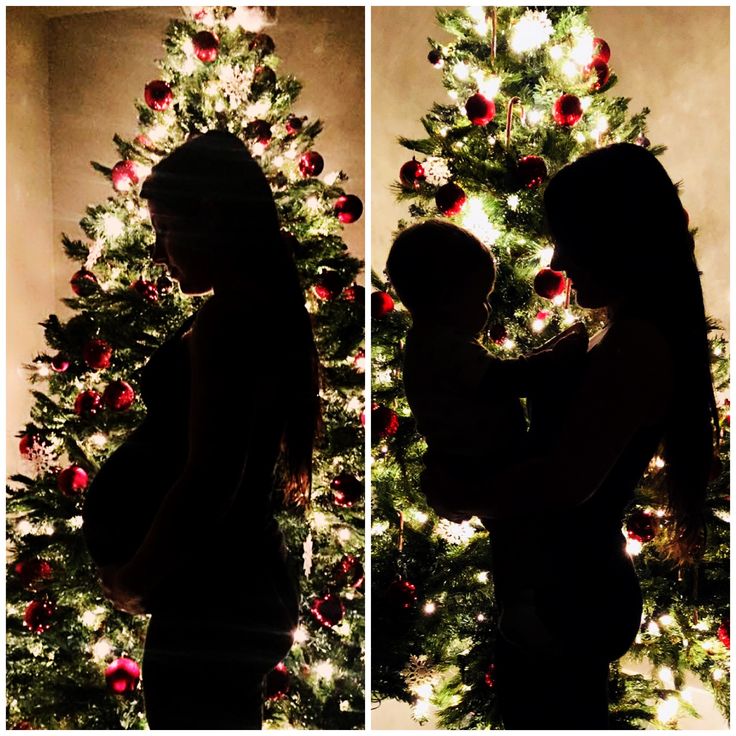 two images of a woman and child in front of a christmas tree with lights on it