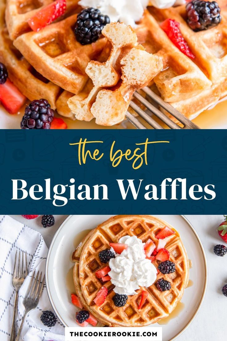 Belgian Waffles are both hearty and fluffy – the best of both worlds! This classic breakfast staple is made with a handful of ingredients you likely already have in your kitchen. Top them off with syrup, berries, and whipped cream for the best bite! Belgian Waffle Iron Recipes, Savory Belgian Waffles, Brunch Entrees, Easy Belgian Waffle Recipe, Belgium Waffle Recipe, Best Belgian Waffle Recipe, Waffle Batter Recipe, Belgian Waffle Mix, The Cookie Rookie Recipes