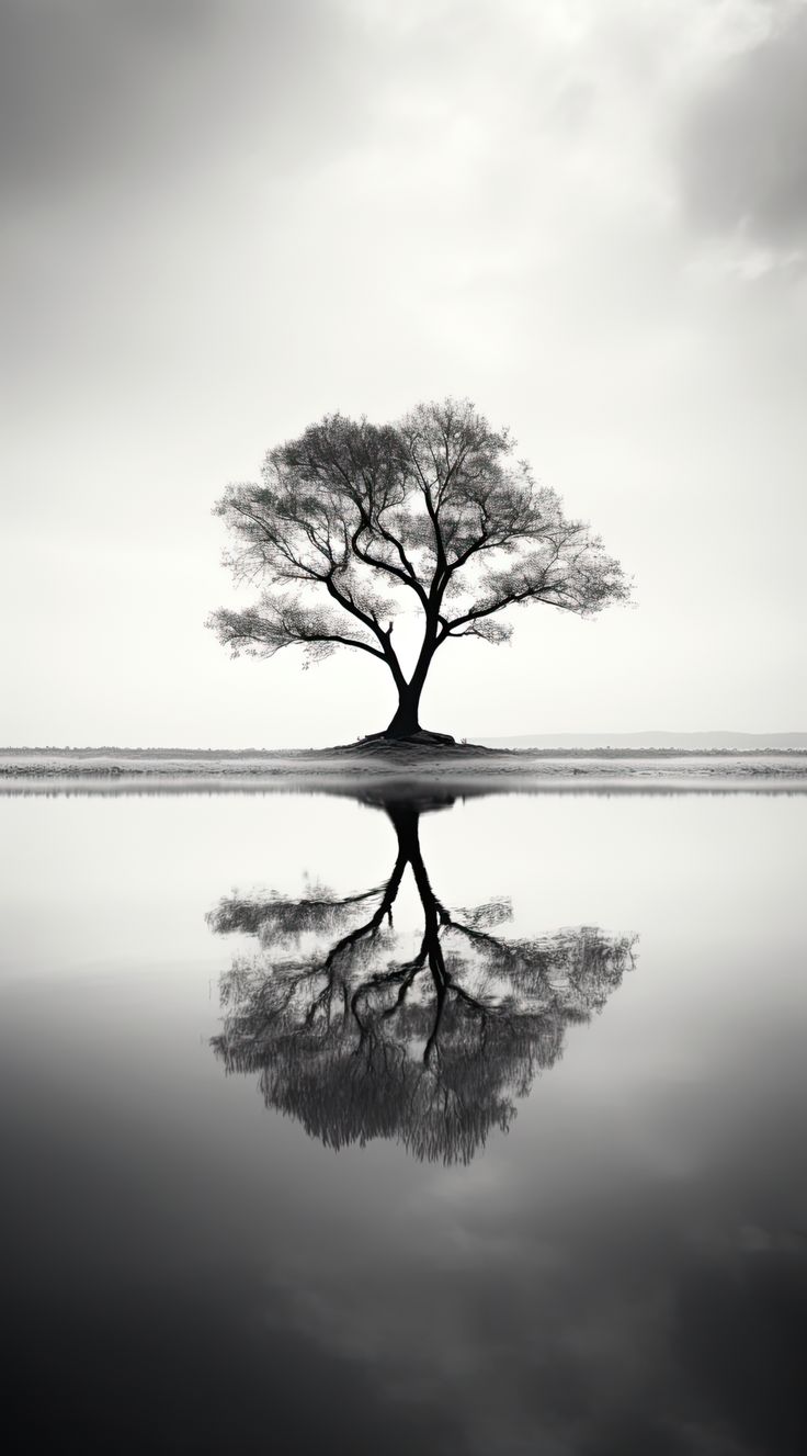 a lone tree stands in the middle of an empty lake with its reflection on the water