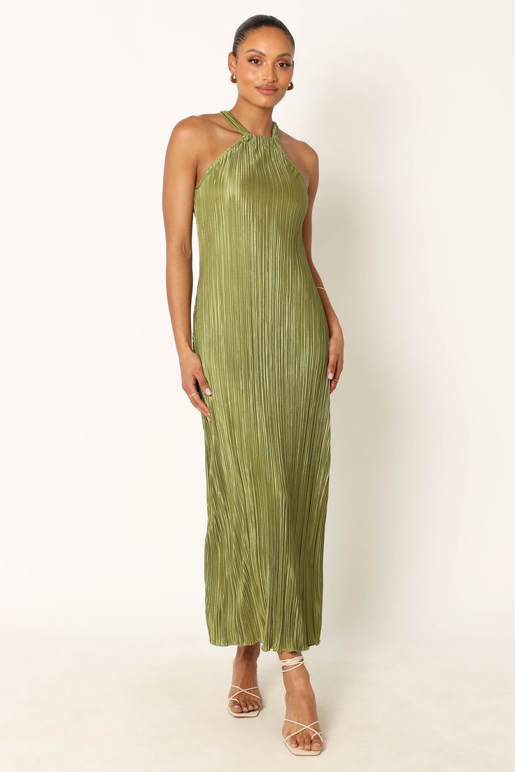 Melody Plisse Halter Maxi Dress - Olive Petal And Pup, Resort Dresses, Halter Maxi Dress, On The Dance Floor, Usa Dresses, Halter Maxi, Halter Maxi Dresses, Dresses By Length, Guest Outfit