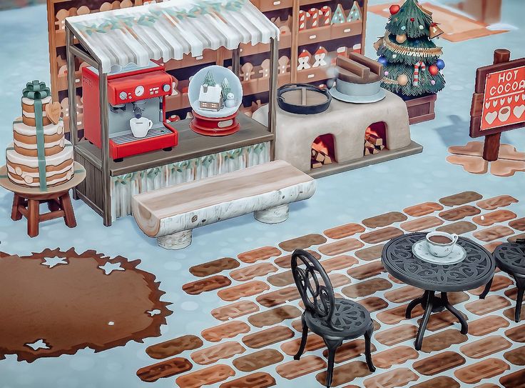 an artistic painting of a coffee shop with chairs and tables