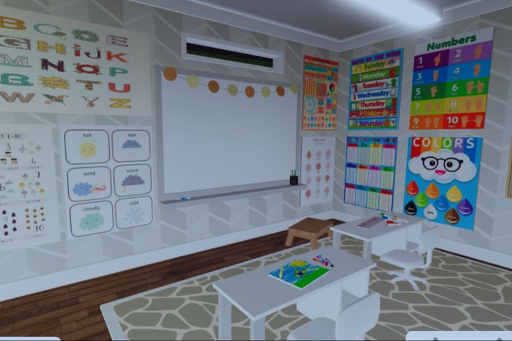 Bloxburg Day Care Decal Codes, Bloxburg Homeschool Room Ideas, Bloxburg Kindergarten Ideas, Art Classroom Bloxburg, Bloxburg Preschool Ideas, Bloxburg Homeschool Room, Bloxburg Daycare Interior, Bloxburg Kindergarten Decal Codes, Bloxburg Classroom Ideas Aesthetic