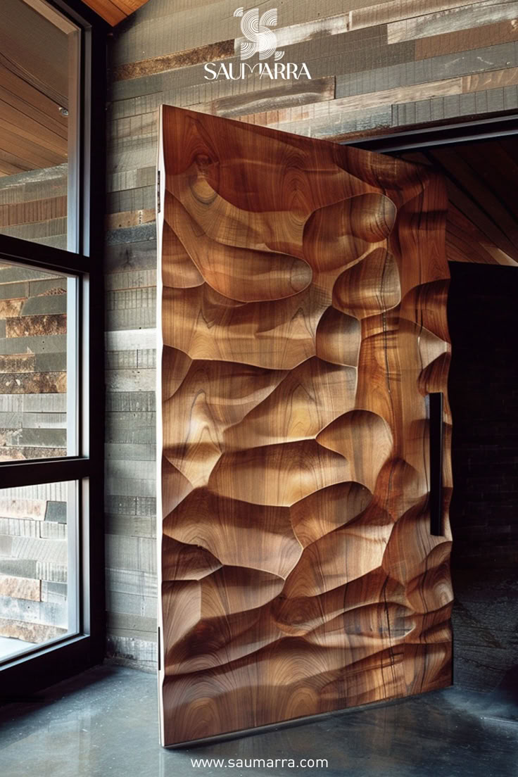 a large wooden sculpture sitting in front of a window