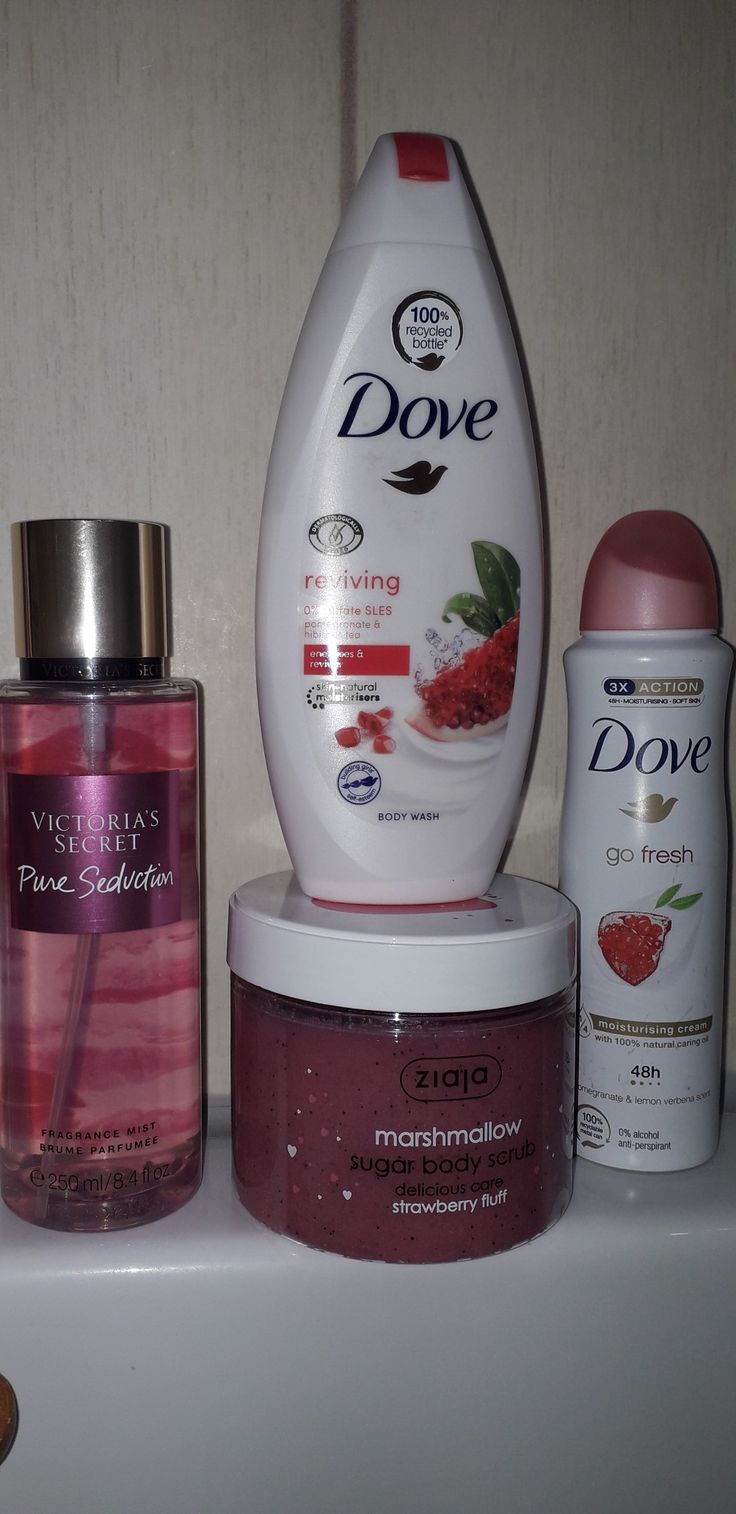 Vs Pure Seduction Body Mist, Dove Smell Good Combo, Ziaja Body Scrub, Pomegranate Scent Combos, Dove Strawberry Body Wash, Strawberry Shower Products, Body Hygiene Products Strawberry, Pure Seduction Scent Combos, Scent Combos Strawberry